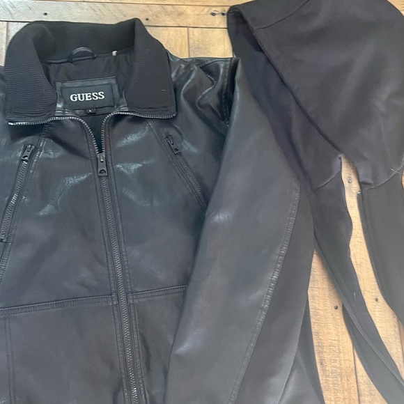 GUESS Motorcycle Jacket -Faux-Leather Detachable-Hood Size Large Men’s - Picture 13 of 15